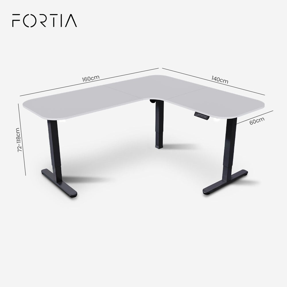 Desks: FORTIA Corner Standing Desk, 160x140cm, 72-118cm Sit to Stand Up Electric Height Adjustable, White Desktop/Black Frame