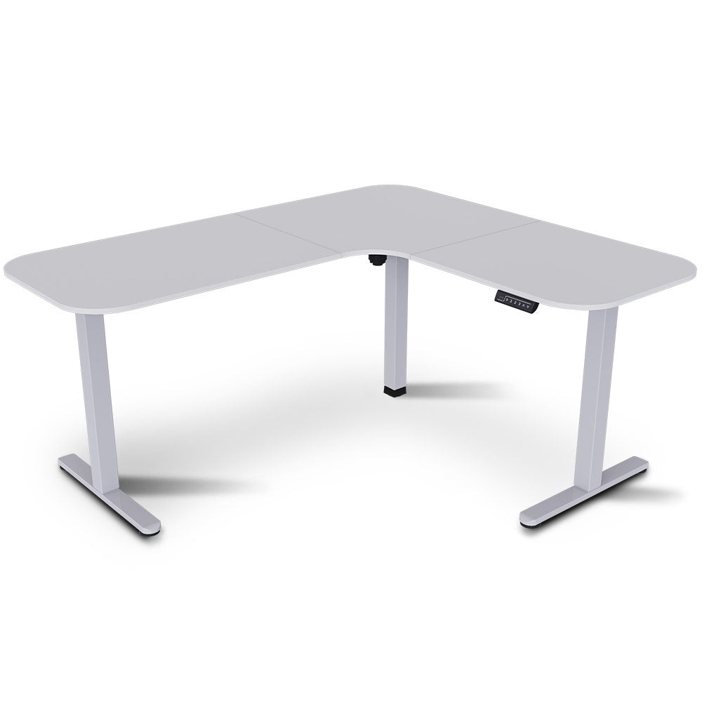 Desks: FORTIA Corner Standing Desk, 160x140cm, 72-118cm Sit to Stand Up Electric Height Adjustable, White Desktop/Silver Frame