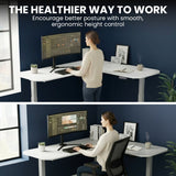 Desks: FORTIA Corner Standing Desk, 160x140cm, 72-118cm Sit to Stand Up Electric Height Adjustable, White Desktop/Silver Frame
