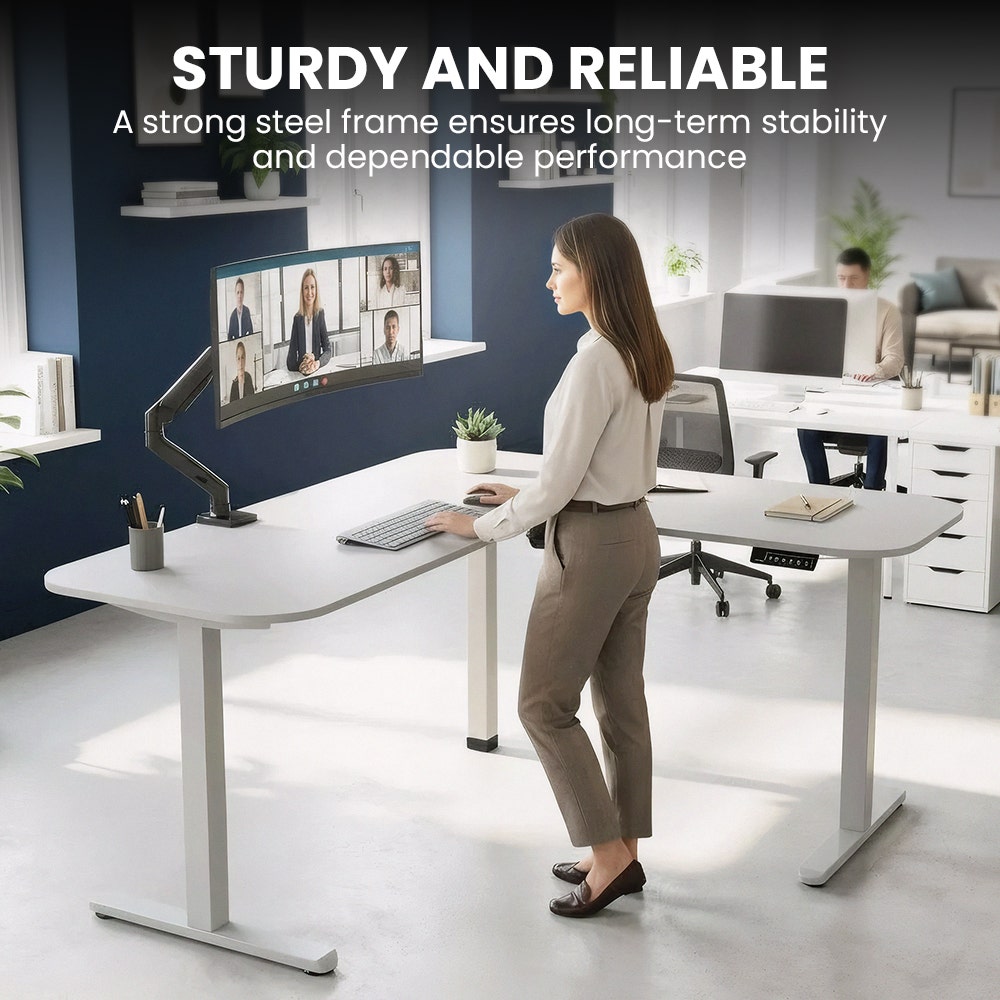 Desks: FORTIA Corner Standing Desk, 160x140cm, 72-118cm Sit to Stand Up Electric Height Adjustable, White Desktop/Silver Frame