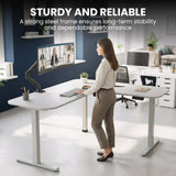 Desks: FORTIA Corner Standing Desk, 160x140cm, 72-118cm Sit to Stand Up Electric Height Adjustable, White Desktop/Silver Frame