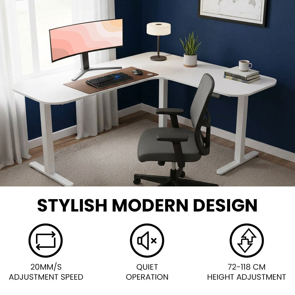 Desks: FORTIA Corner Standing Desk, 160x140cm, 72-118cm Sit to Stand Up Electric Height Adjustable, White Desktop/Silver Frame