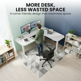 Desks: FORTIA Corner Standing Desk, 160x140cm, 72-118cm Sit to Stand Up Electric Height Adjustable, White Desktop/Silver Frame