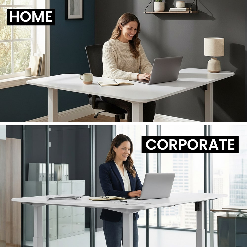 Desks: FORTIA Corner Standing Desk, 160x140cm, 72-118cm Sit to Stand Up Electric Height Adjustable, White Desktop/Silver Frame
