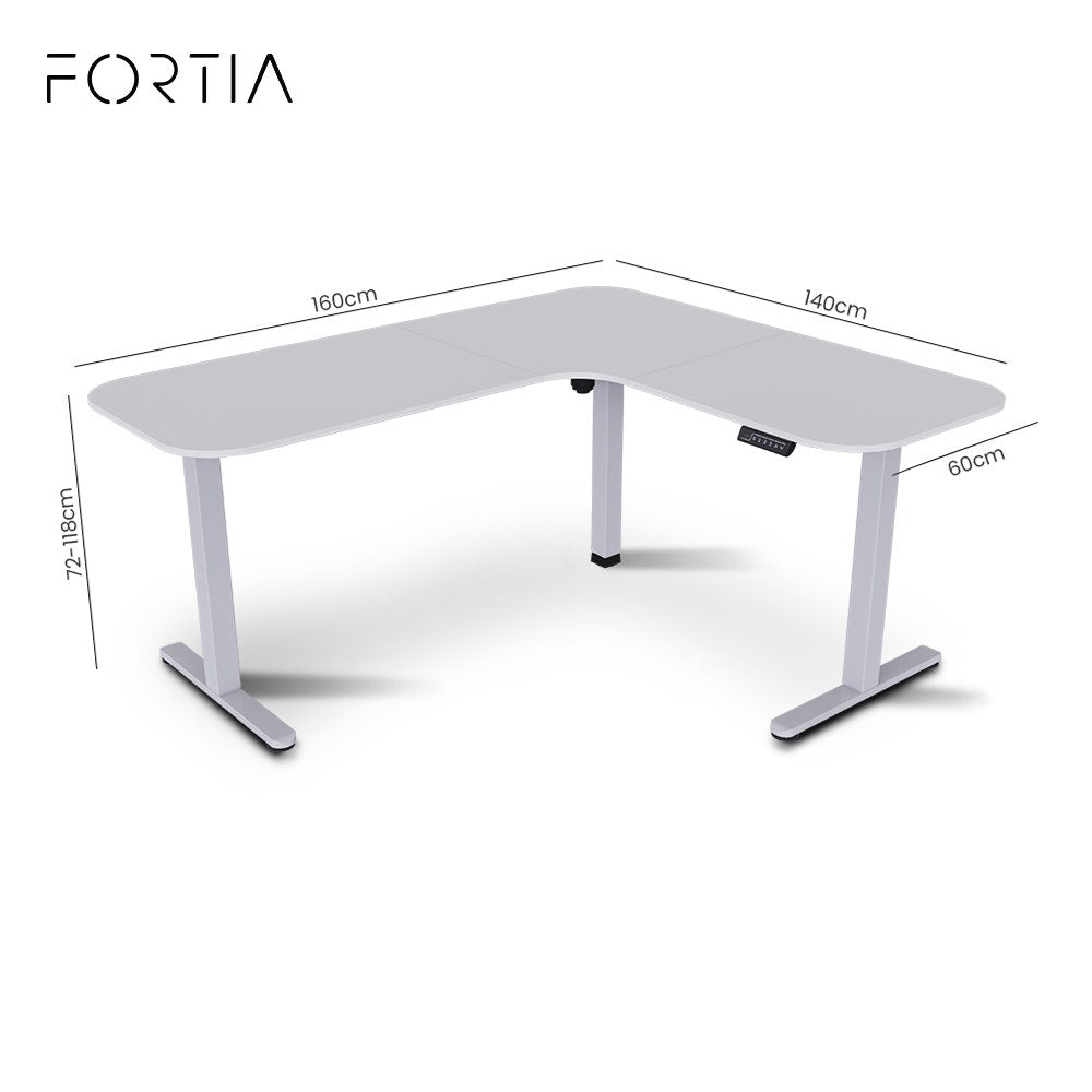 Desks: FORTIA Corner Standing Desk, 160x140cm, 72-118cm Sit to Stand Up Electric Height Adjustable, White Desktop/Silver Frame