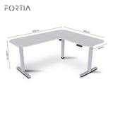 Desks: FORTIA Corner Standing Desk, 160x140cm, 72-118cm Sit to Stand Up Electric Height Adjustable, White Desktop/Silver Frame