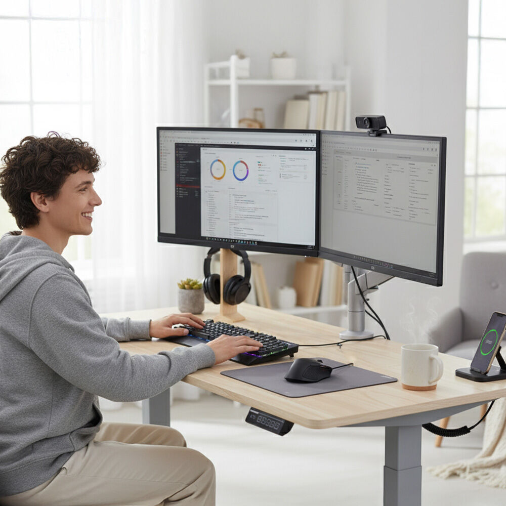 Desks: FORTIA Sit To Stand Standing Desk, 120x60cm, 72-118cm Electric Height Adjustable, Light Oak Style Desktop Silver Frame