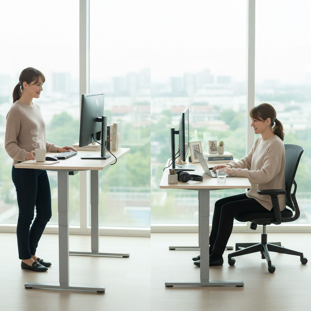 Desks: FORTIA Sit To Stand Standing Desk, 120x60cm, 72-118cm Electric Height Adjustable, Light Oak Style Desktop Silver Frame