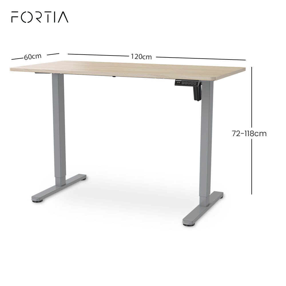 Desks: FORTIA Sit To Stand Standing Desk, 120x60cm, 72-118cm Electric Height Adjustable, Light Oak Style Desktop Silver Frame