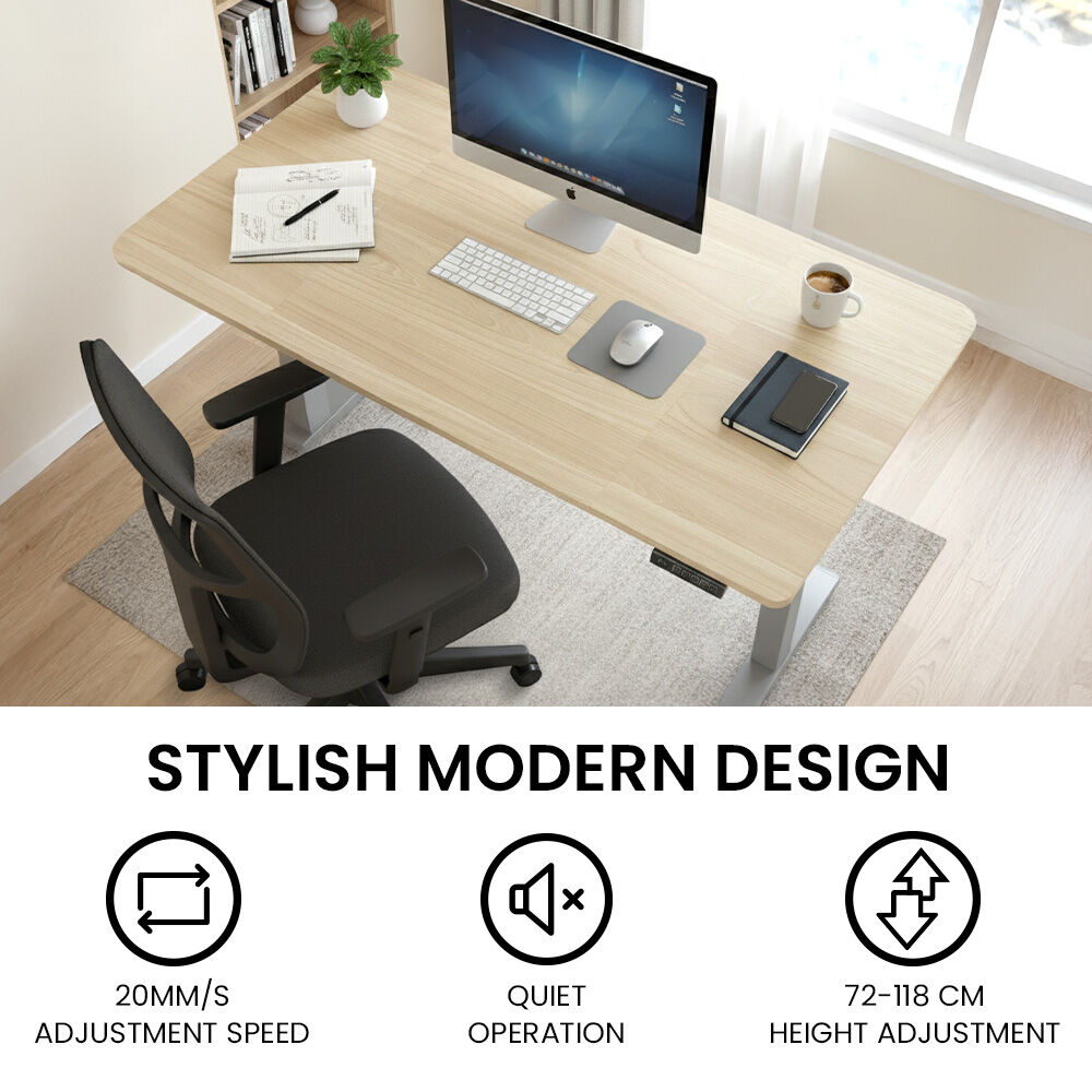 Desks: FORTIA Sit To Stand Standing Desk, 120x60cm, 72-118cm Electric Height Adjustable, Light Oak Style Desktop Silver Frame
