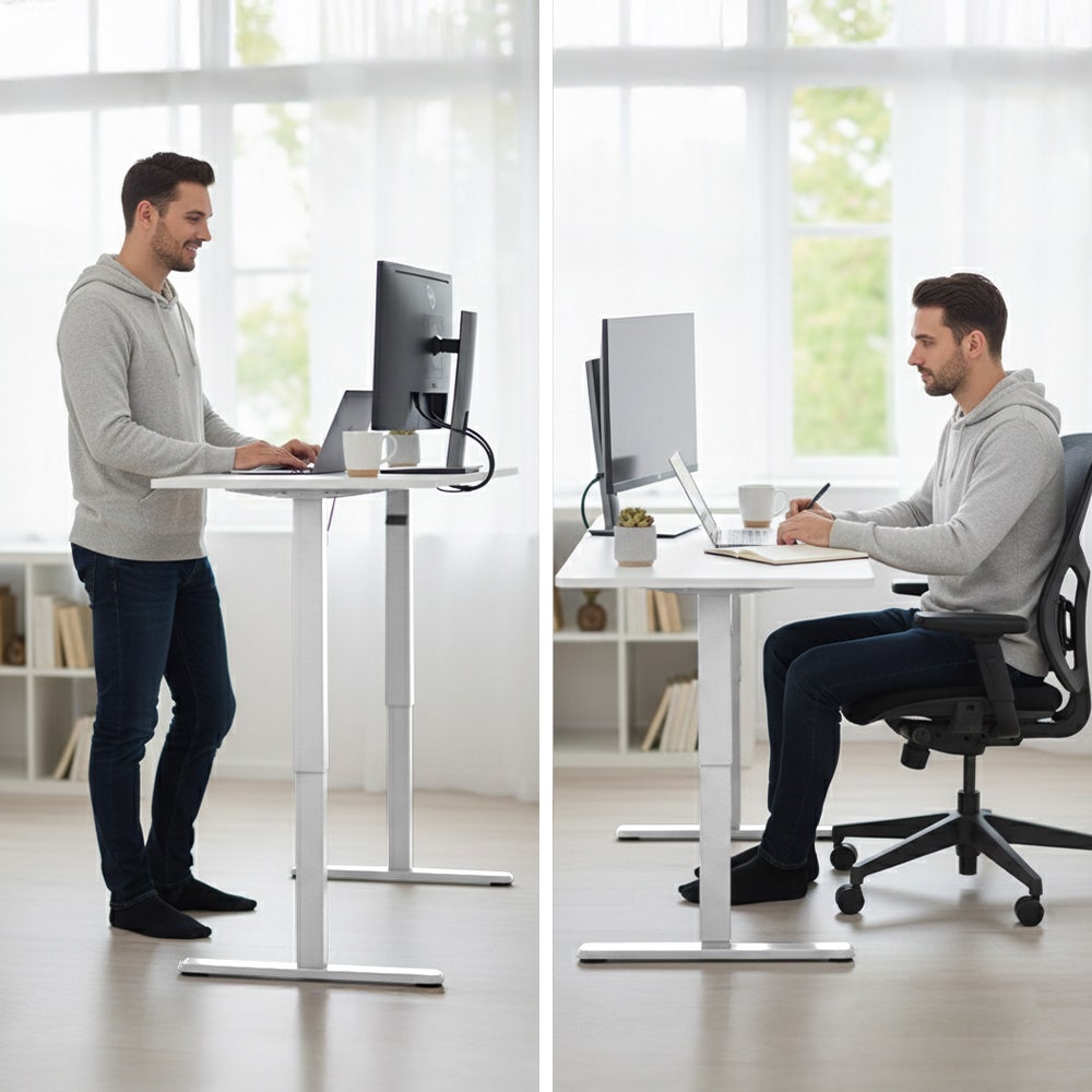 Desks: FORTIA Sit To Stand Standing Desk, 120x60cm, 72-118cm Electric Height Adjustable, White