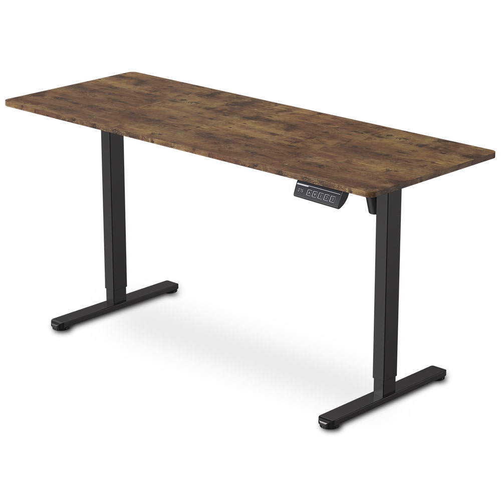 Desks: FORTIA Sit to Stand Standing Desk, 160x60cm, 72-118cm Electric Height Adjustable, Walnut Style Desktop/Black Frame