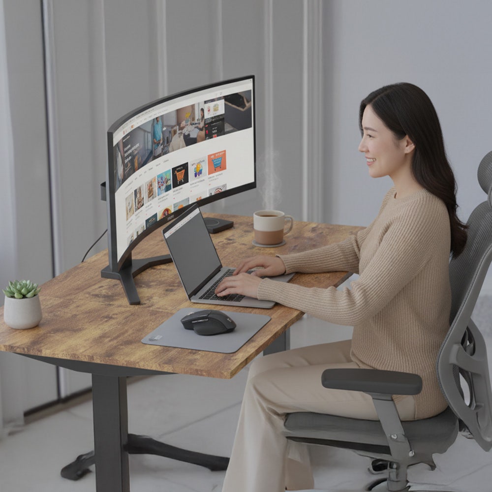Desks: FORTIA Sit to Stand Standing Desk, 160x60cm, 72-118cm Electric Height Adjustable, Walnut Style Desktop/Black Frame