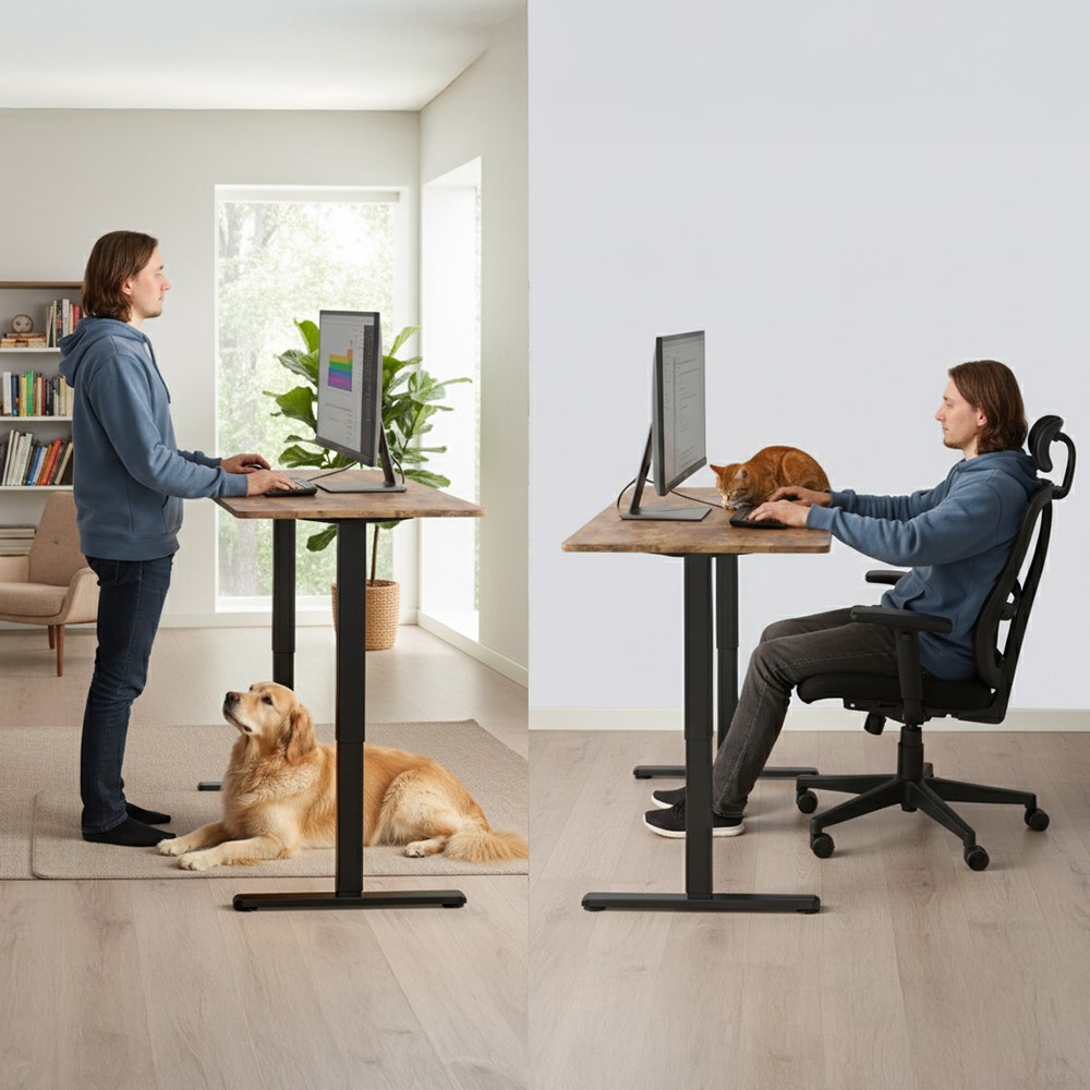 Desks: FORTIA Sit to Stand Standing Desk, 160x60cm, 72-118cm Electric Height Adjustable, Walnut Style Desktop/Black Frame