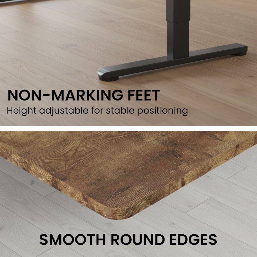 Desks: FORTIA Sit to Stand Standing Desk, 160x60cm, 72-118cm Electric Height Adjustable, Walnut Style Desktop/Black Frame