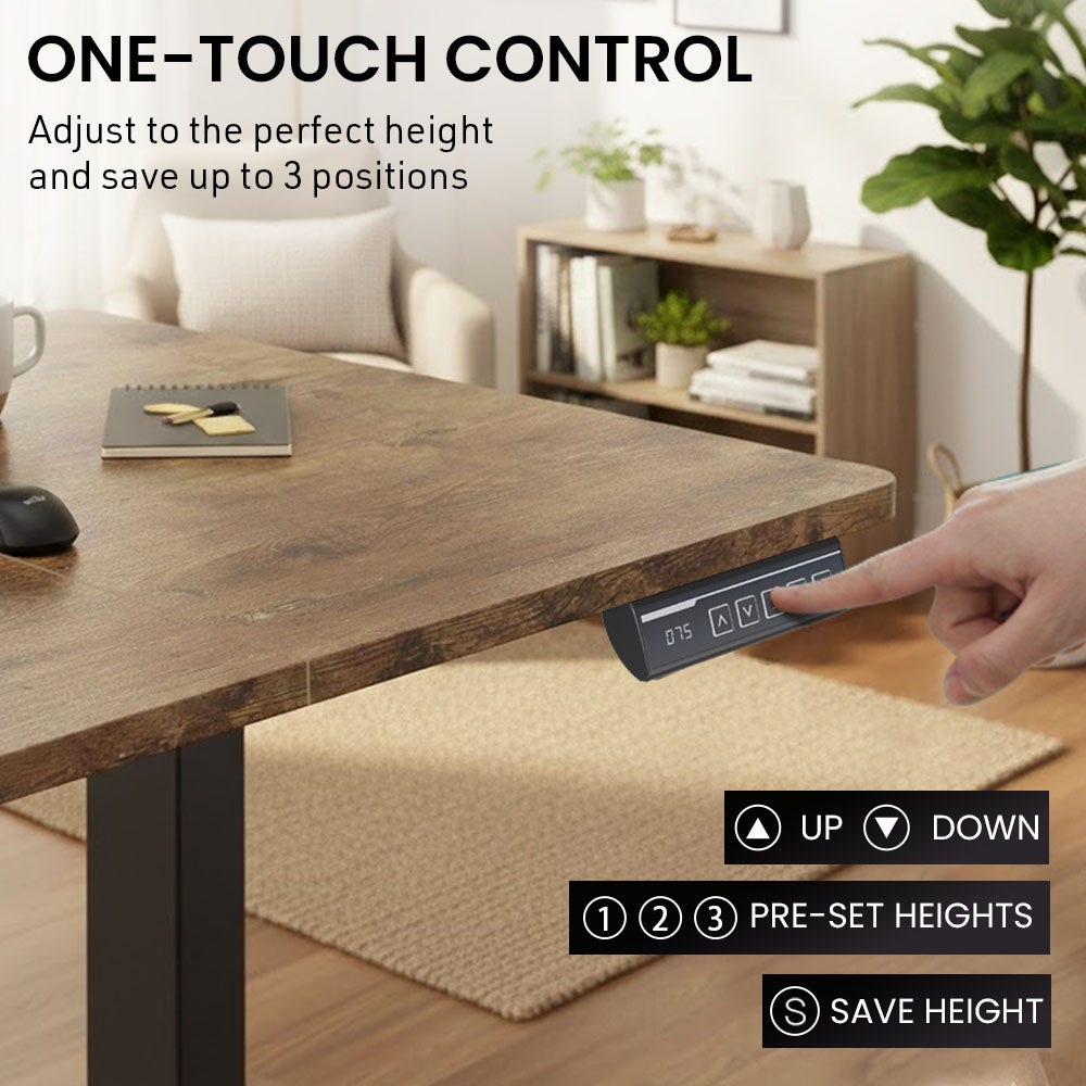 Desks: FORTIA Sit to Stand Standing Desk, 160x60cm, 72-118cm Electric Height Adjustable, Walnut Style Desktop/Black Frame