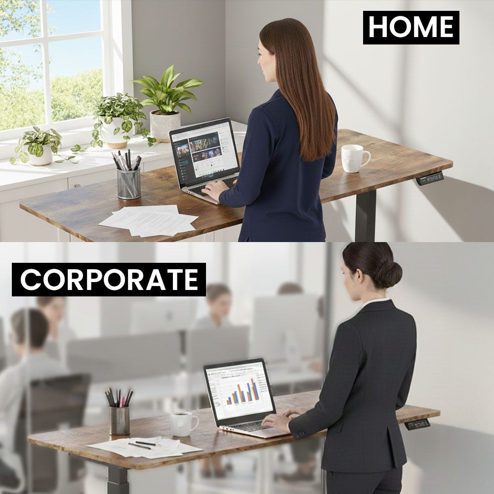 Desks: FORTIA Sit to Stand Standing Desk, 160x60cm, 72-118cm Electric Height Adjustable, Walnut Style Desktop/Black Frame