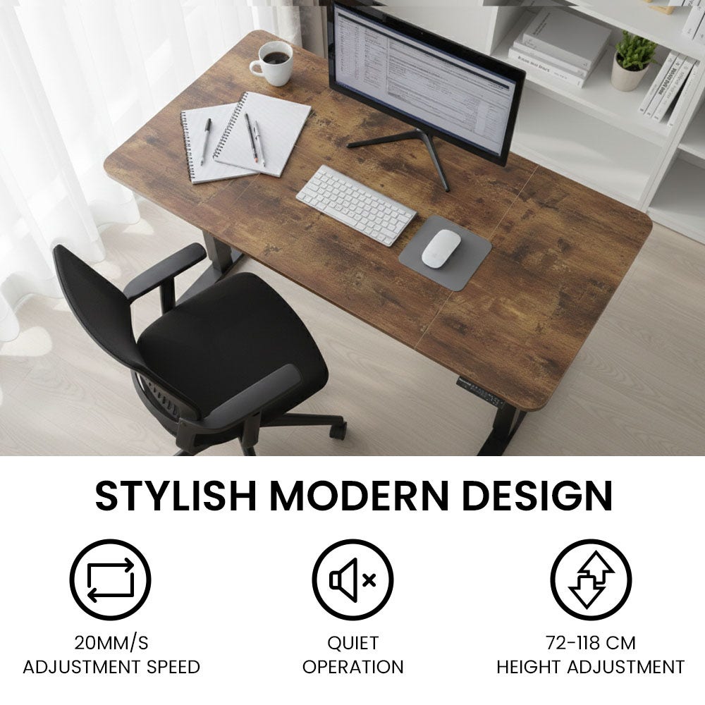Desks: FORTIA Sit to Stand Standing Desk, 160x60cm, 72-118cm Electric Height Adjustable, Walnut Style Desktop/Black Frame