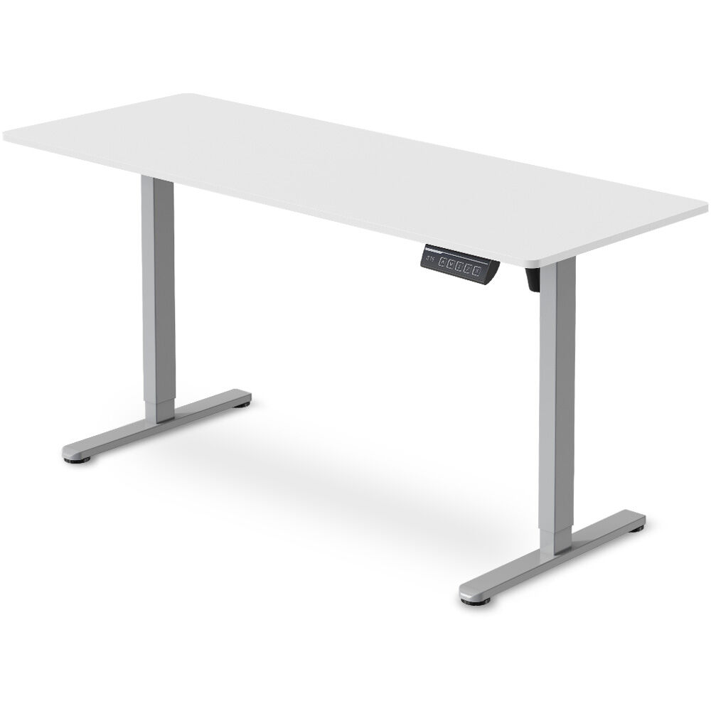 Desks: FORTIA Sit to Stand Standing Desk, 160x60cm, 72-118cm Electric Height Adjustable, White Desktop/Silver Frame