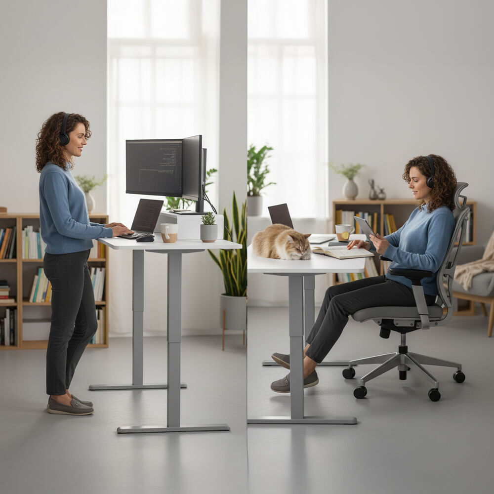Desks: FORTIA Sit to Stand Standing Desk, 160x60cm, 72-118cm Electric Height Adjustable, White Desktop/Silver Frame