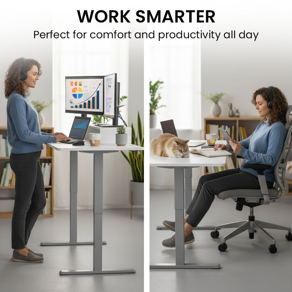 Desks: FORTIA Sit to Stand Standing Desk, 160x60cm, 72-118cm Electric Height Adjustable, White Desktop/Silver Frame