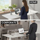 Desks: FORTIA Sit to Stand Standing Desk, 160x60cm, 72-118cm Electric Height Adjustable, White Desktop/Silver Frame