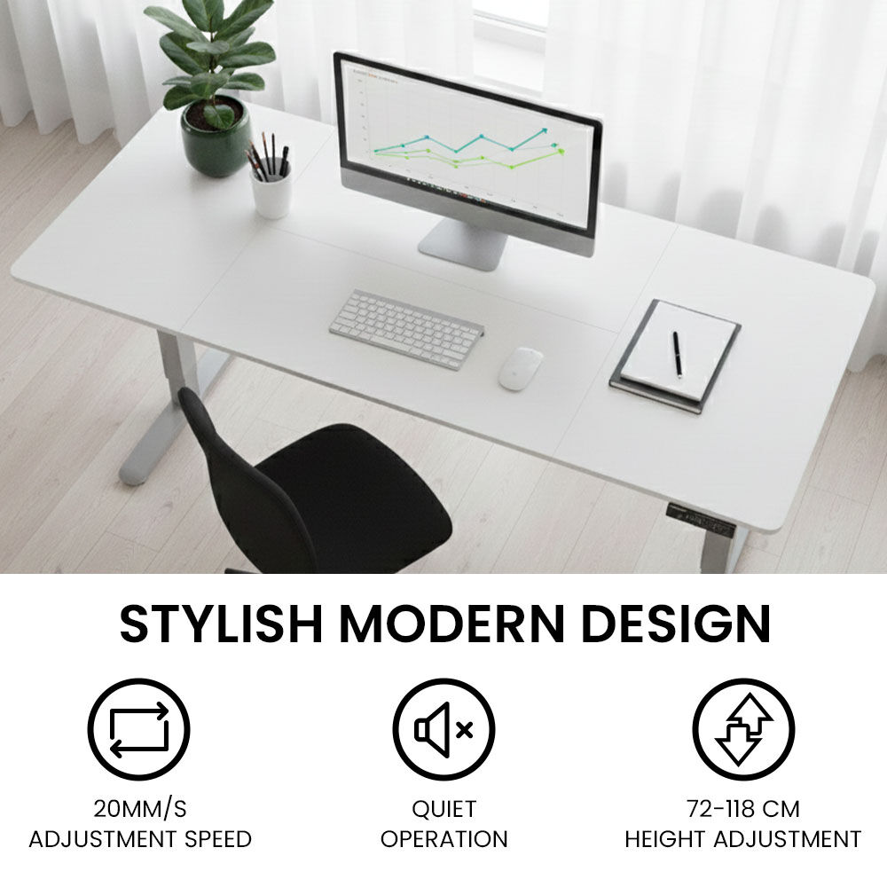 Desks: FORTIA Sit to Stand Standing Desk, 160x60cm, 72-118cm Electric Height Adjustable, White Desktop/Silver Frame