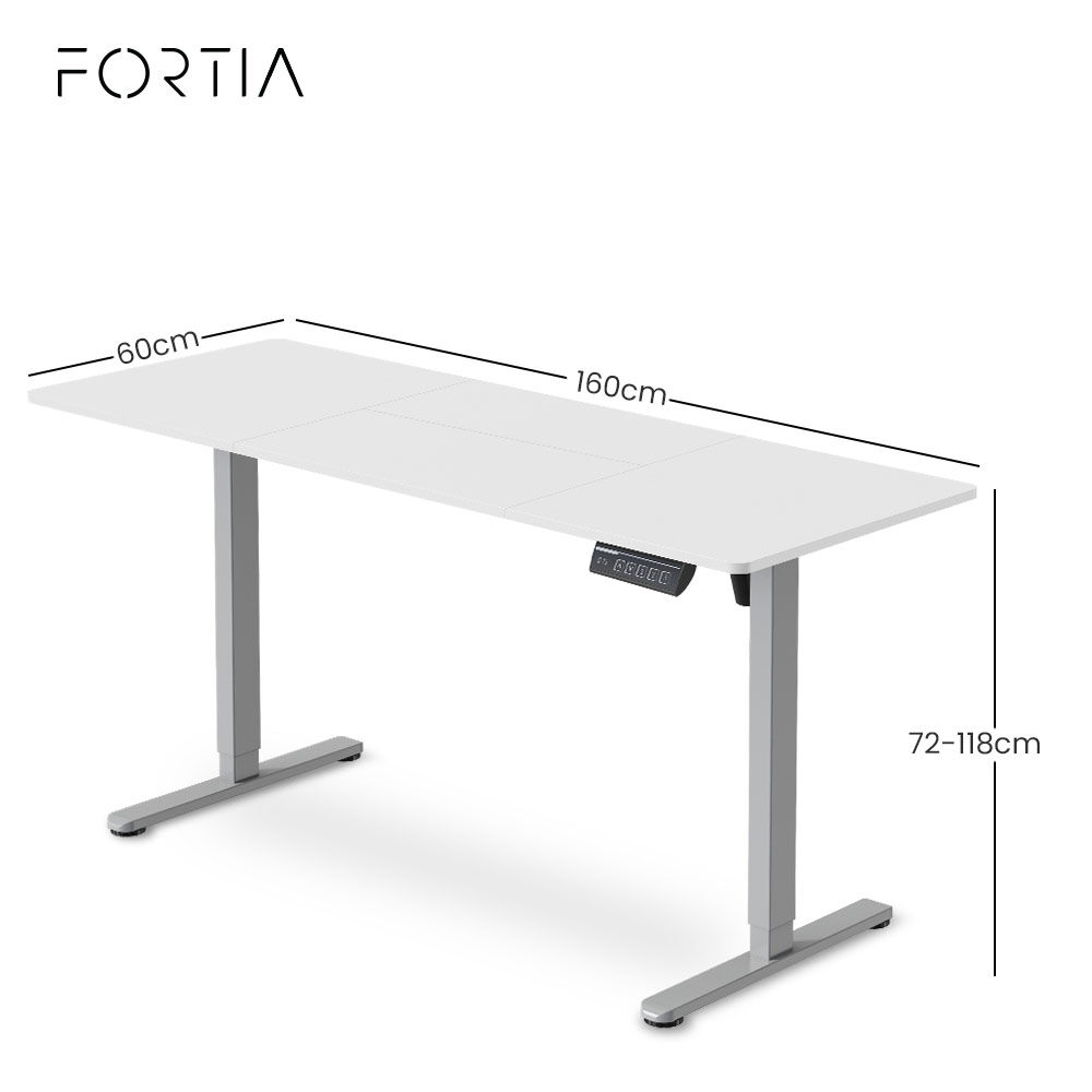 Desks: FORTIA Sit to Stand Standing Desk, 160x60cm, 72-118cm Electric Height Adjustable, White Desktop/Silver Frame