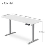 Desks: FORTIA Sit to Stand Standing Desk, 160x60cm, 72-118cm Electric Height Adjustable, White Desktop/Silver Frame