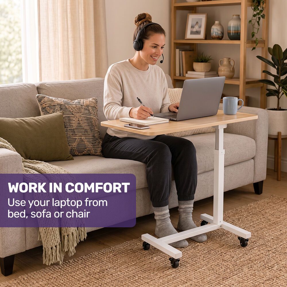 EQUIPMED Overbed Table with Gas Lift, 15kg Load, Steel Frame, 78-107cm Adjustable Height, Lockable Castors, Home Care Use