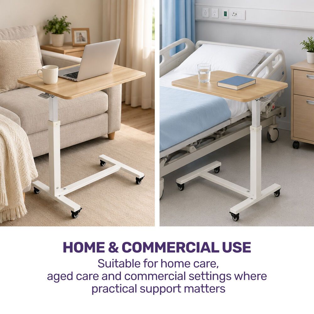 EQUIPMED Overbed Table with Gas Lift, 15kg Load, Steel Frame, 78-107cm Adjustable Height, Lockable Castors, Home Care Use