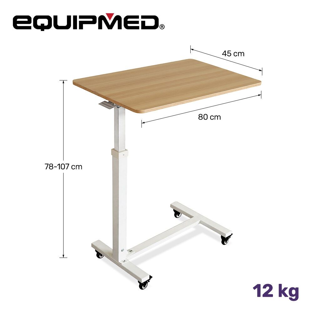 EQUIPMED Overbed Table with Gas Lift, 15kg Load, Steel Frame, 78-107cm Adjustable Height, Lockable Castors, Home Care Use
