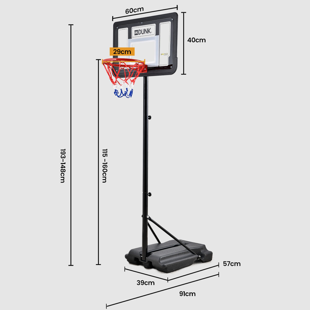 Basketball & Basketball Accessories: DR. DUNK Portable Kids Basketball Hoop Stand System, 1.15m to 1.60m Height Adjustable