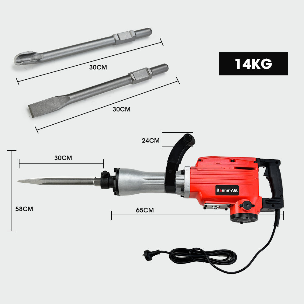 Jackhammers: Baumr-AG 2200W Pro-Grade Electric Demolition Jackhammer, with 3 Bonus Chisels, Steel Carry Case