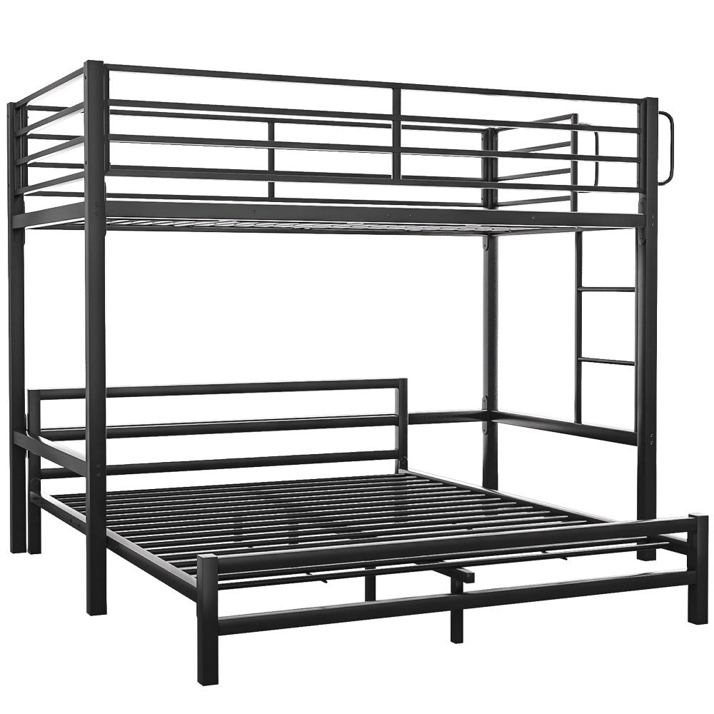 Beds & Bed Frames: KINGSTON SLUMBER Metal Single Loft Bed And Double Underbed Frame, Multifunctional, Space Saving with Fixed Ladder, Matte Dark Grey