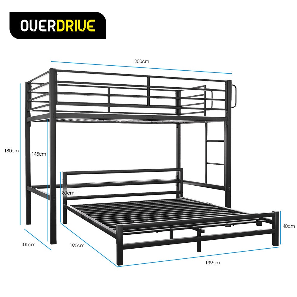 Beds & Bed Frames: KINGSTON SLUMBER Metal Single Loft Bed And Double Underbed Frame, Multifunctional, Space Saving with Fixed Ladder, Matte Dark Grey