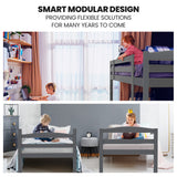 Beds & Bed Frames: KINGSTON SLUMBER Single Bunk Bed Frame, Solid Pine 2-in-1 Modular Design, Converts to 2 Single Beds, For Kids, Grey