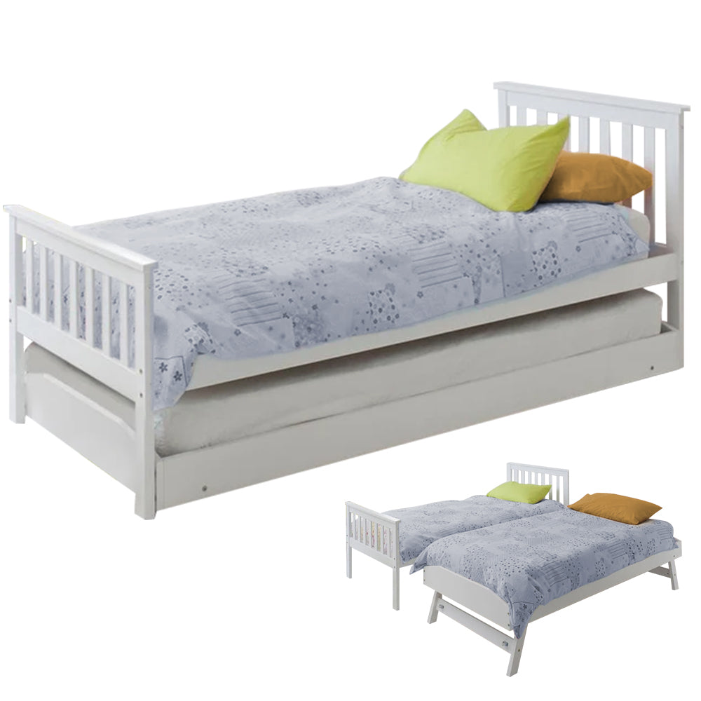 Beds & Bed Frames: KINGSTON SLUMBER Wooden Single Bed Frame w/ Pop Up Trundle, for Kids Bedroom, White