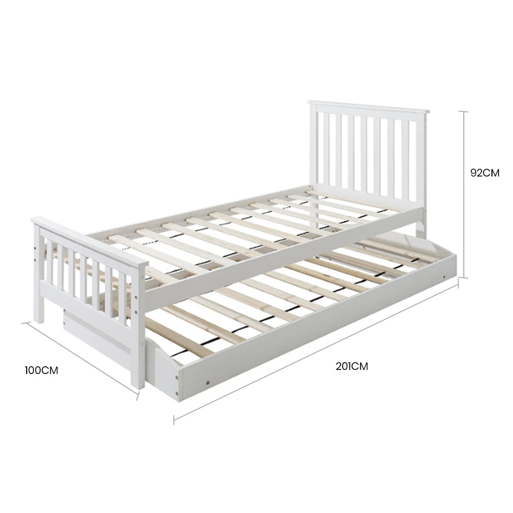 Beds & Bed Frames: KINGSTON SLUMBER Wooden Single Bed Frame w/ Pop Up Trundle, for Kids Bedroom, White