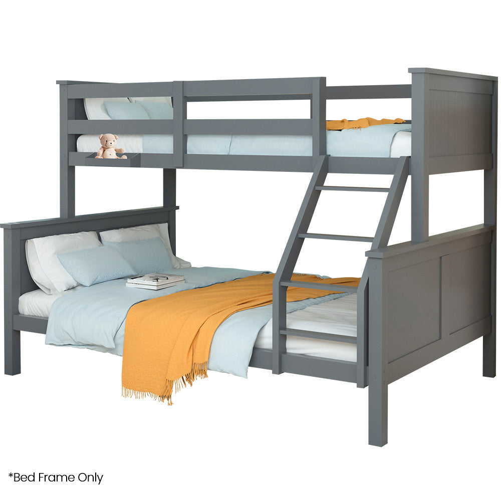 Beds & Bed Frames: Kingston Slumber Triple Wooden Single Over Double Bunk Bed Frame for Kids, Convertible Design, Grey