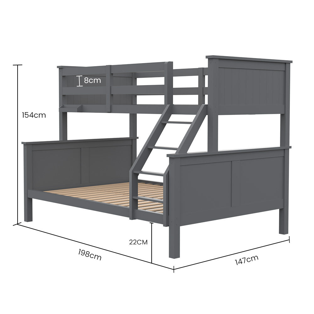 Beds & Bed Frames: Kingston Slumber Triple Wooden Single Over Double Bunk Bed Frame for Kids, Convertible Design, Grey