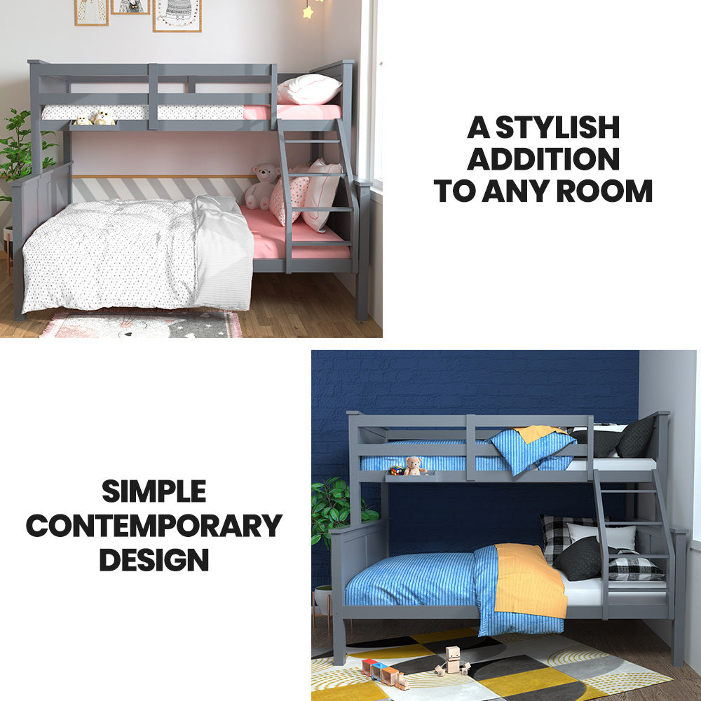 Beds & Bed Frames: Kingston Slumber Triple Wooden Single Over Double Bunk Bed Frame for Kids, Convertible Design, Grey