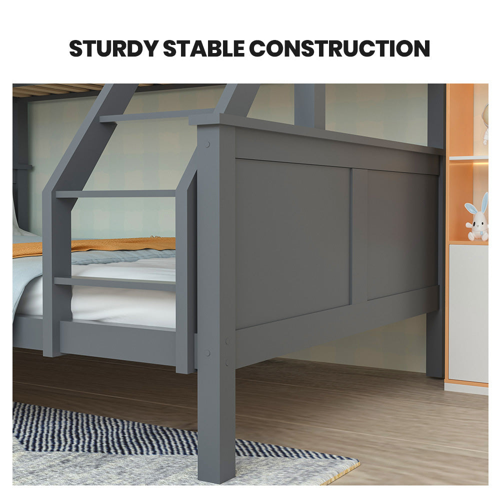 Beds & Bed Frames: Kingston Slumber Triple Wooden Single Over Double Bunk Bed Frame for Kids, Convertible Design, Grey