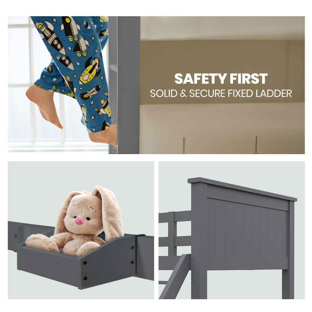 Beds & Bed Frames: Kingston Slumber Triple Wooden Single Over Double Bunk Bed Frame for Kids, Convertible Design, Grey