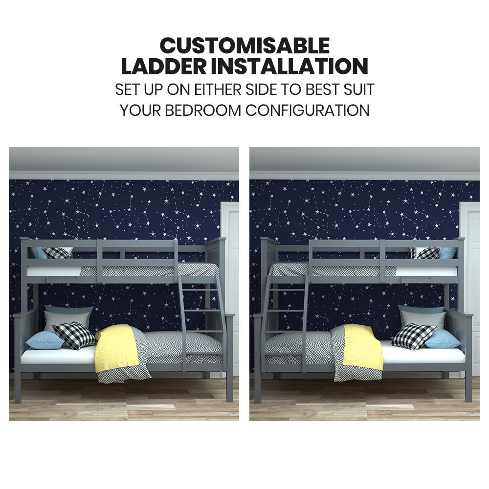 Beds & Bed Frames: Kingston Slumber Triple Wooden Single Over Double Bunk Bed Frame for Kids, Convertible Design, Grey