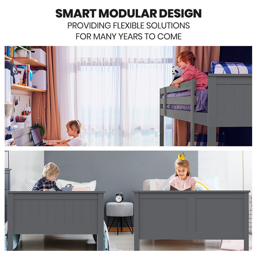 Beds & Bed Frames: Kingston Slumber Triple Wooden Single Over Double Bunk Bed Frame for Kids, Convertible Design, Grey