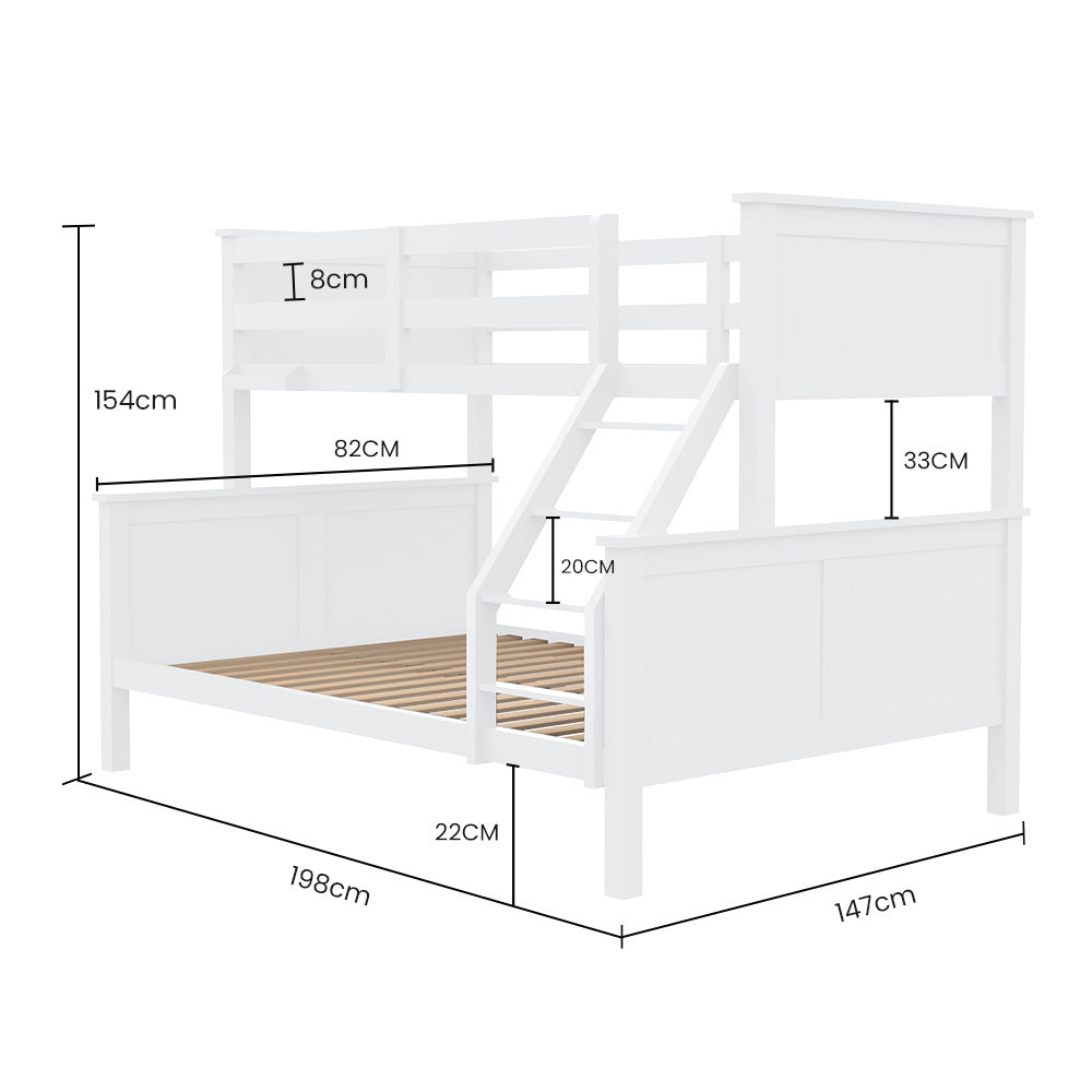Beds & Bed Frames: Kingston Slumber Triple Wooden Single Over Double Bunk Bed Frame for Kids, Convertible Design, White