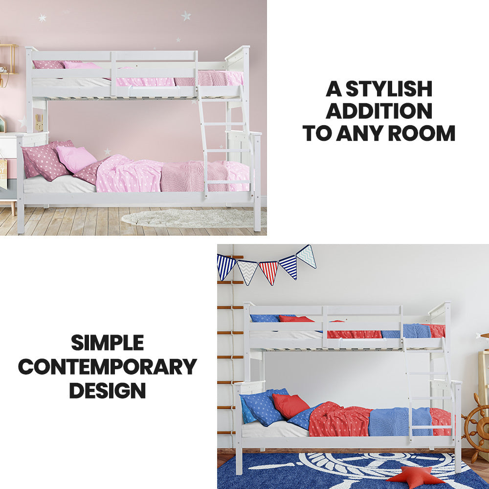 Beds & Bed Frames: Kingston Slumber Triple Wooden Single Over Double Bunk Bed Frame for Kids, Convertible Design, White