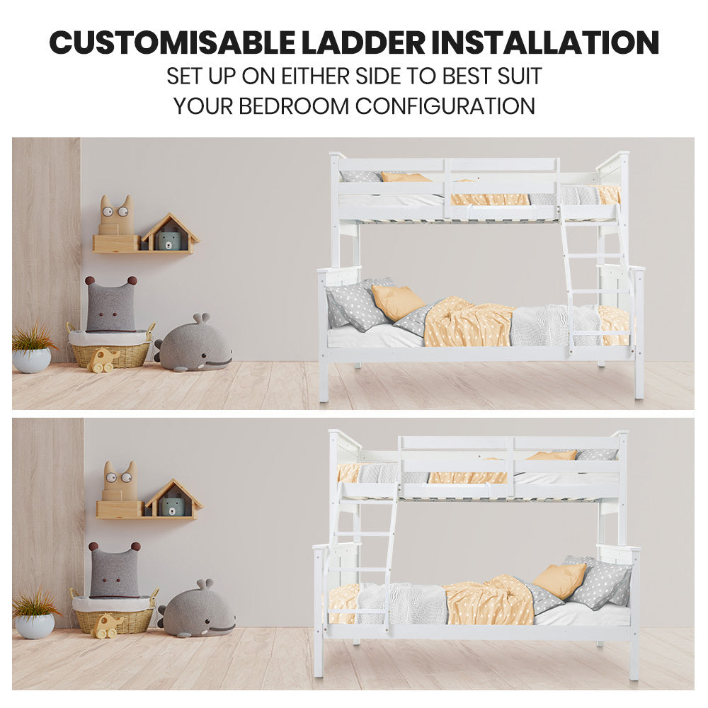 Beds & Bed Frames: Kingston Slumber Triple Wooden Single Over Double Bunk Bed Frame for Kids, Convertible Design, White