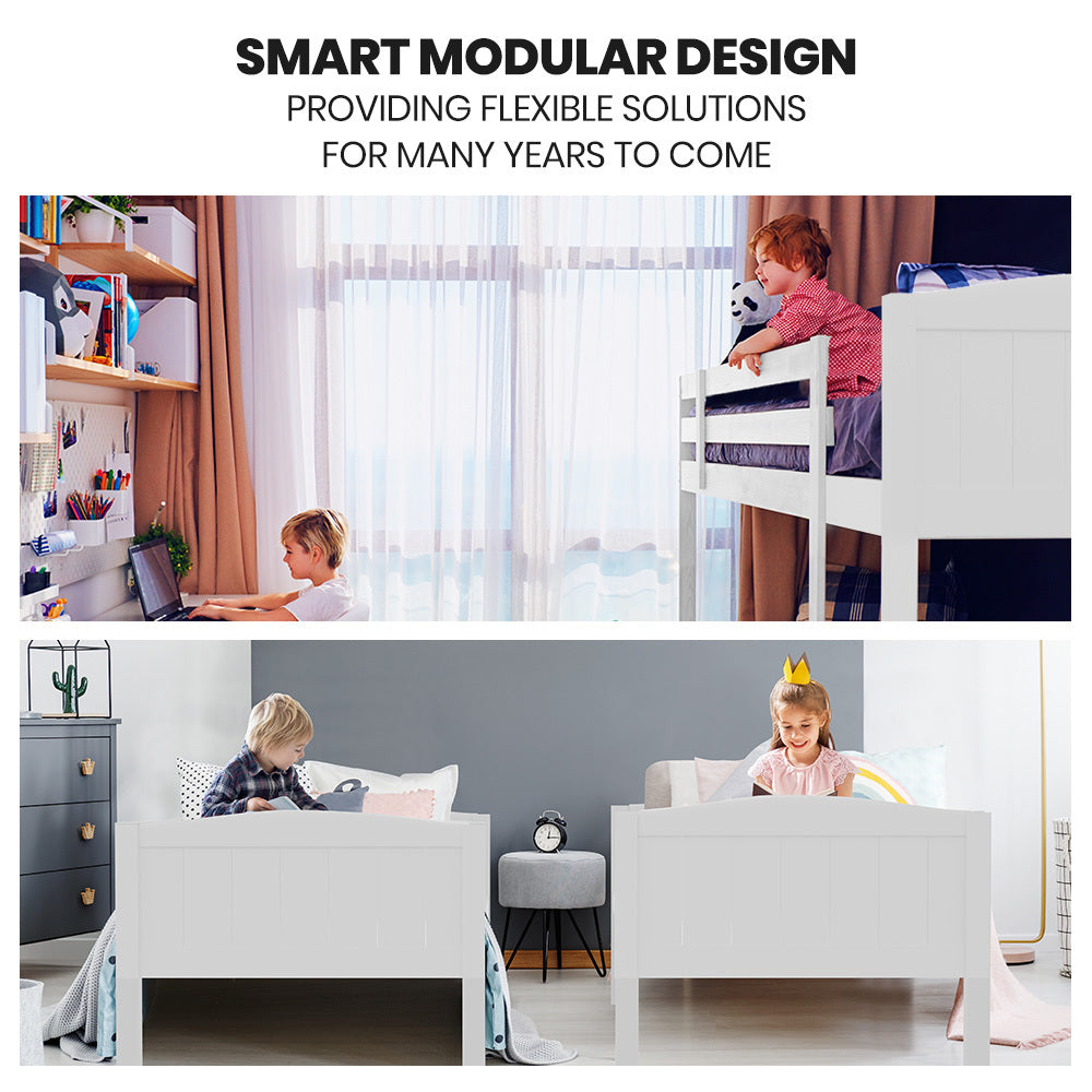 Beds & Bed Frames: Kingston Slumber Triple Wooden Single Over Double Bunk Bed Frame for Kids, Convertible Design, White